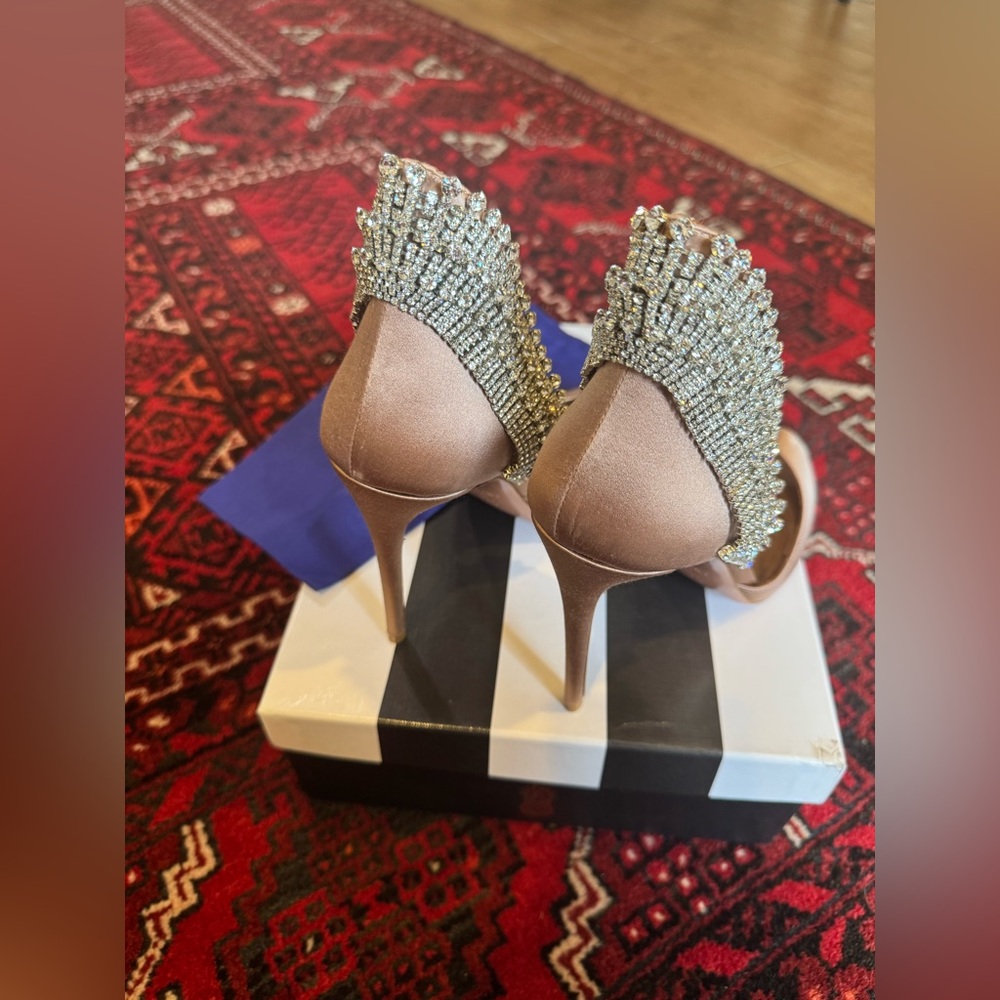 Aquazzura Blush Pink Satin Crystal Embellished Peep-Toe Heels - Picture 3 of 8